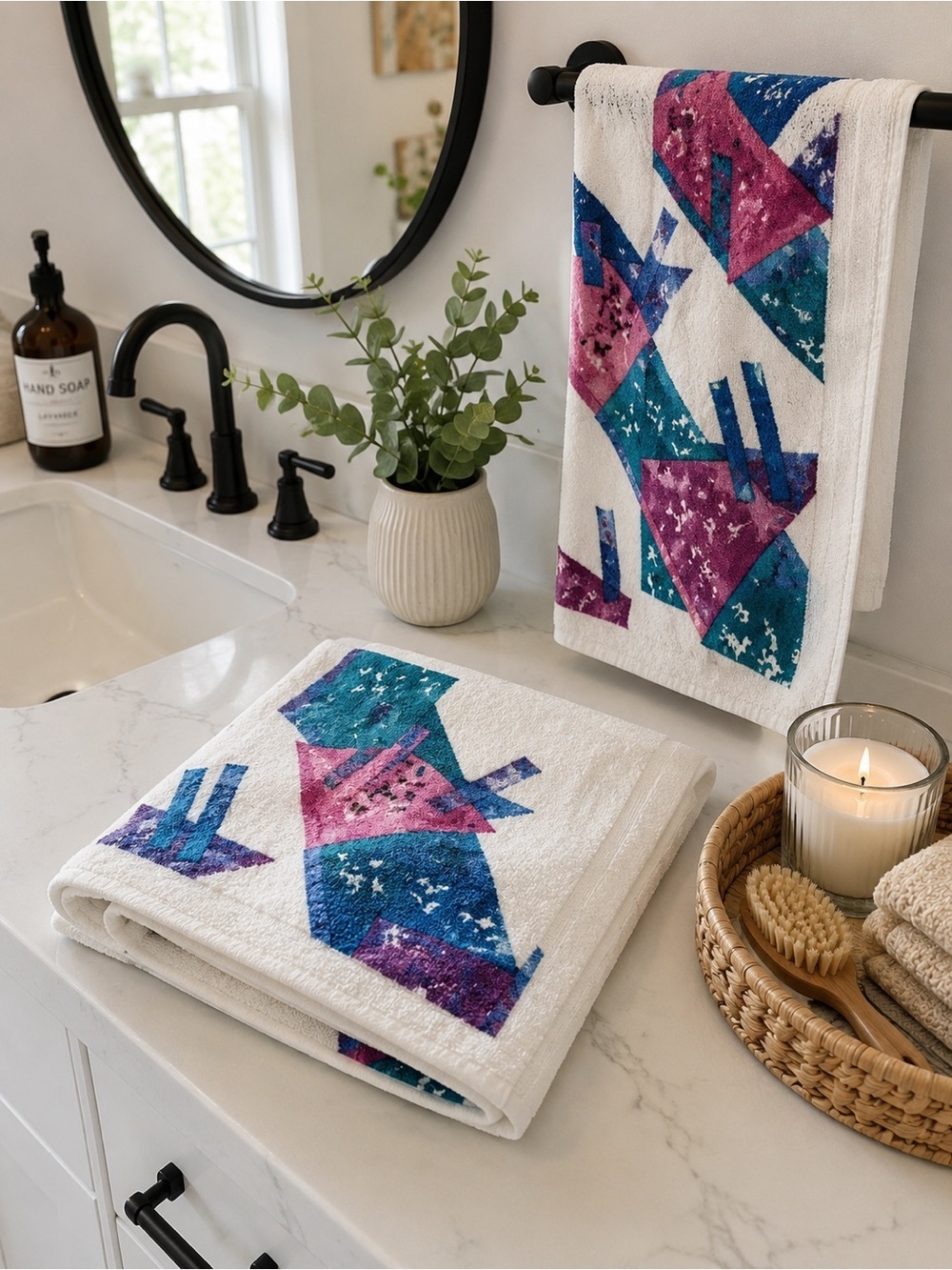VTG  90s Springs Bath Fashions Geometric Hand Towels Set of 2 Memphis Style USA
